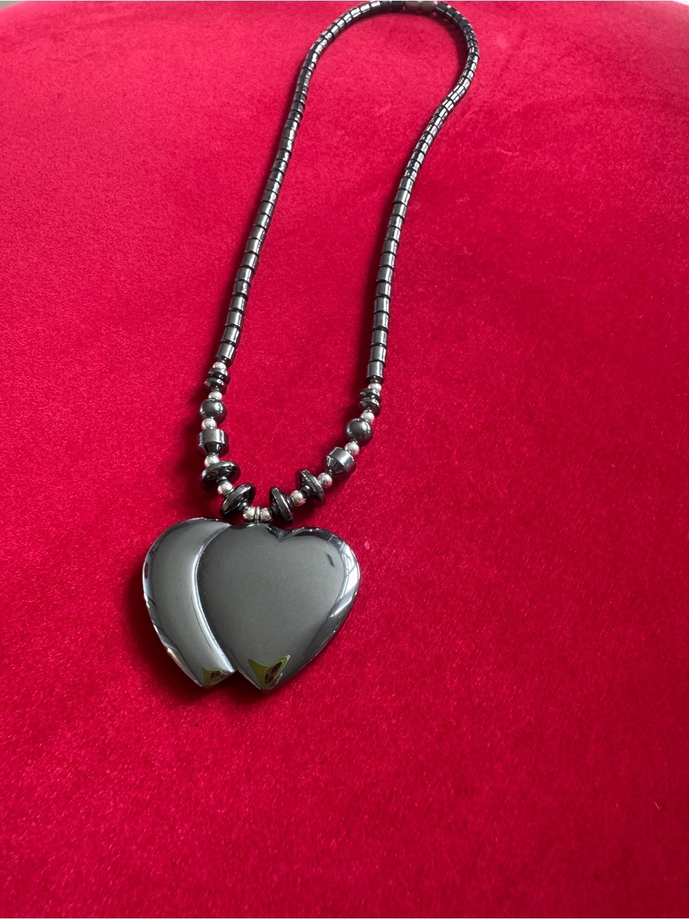 Double Heart Hematite Pendant Necklace - Women costume Jewelry silver